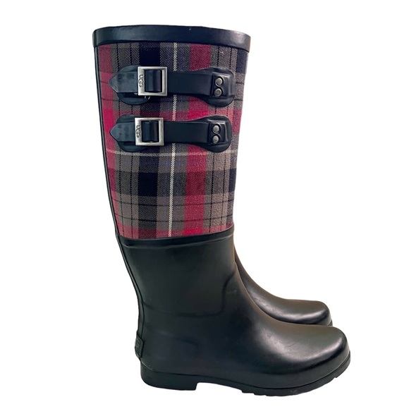 UGG Sabine Red Black Plaid Rain Boots Size 6 - Picture 1 of 16
